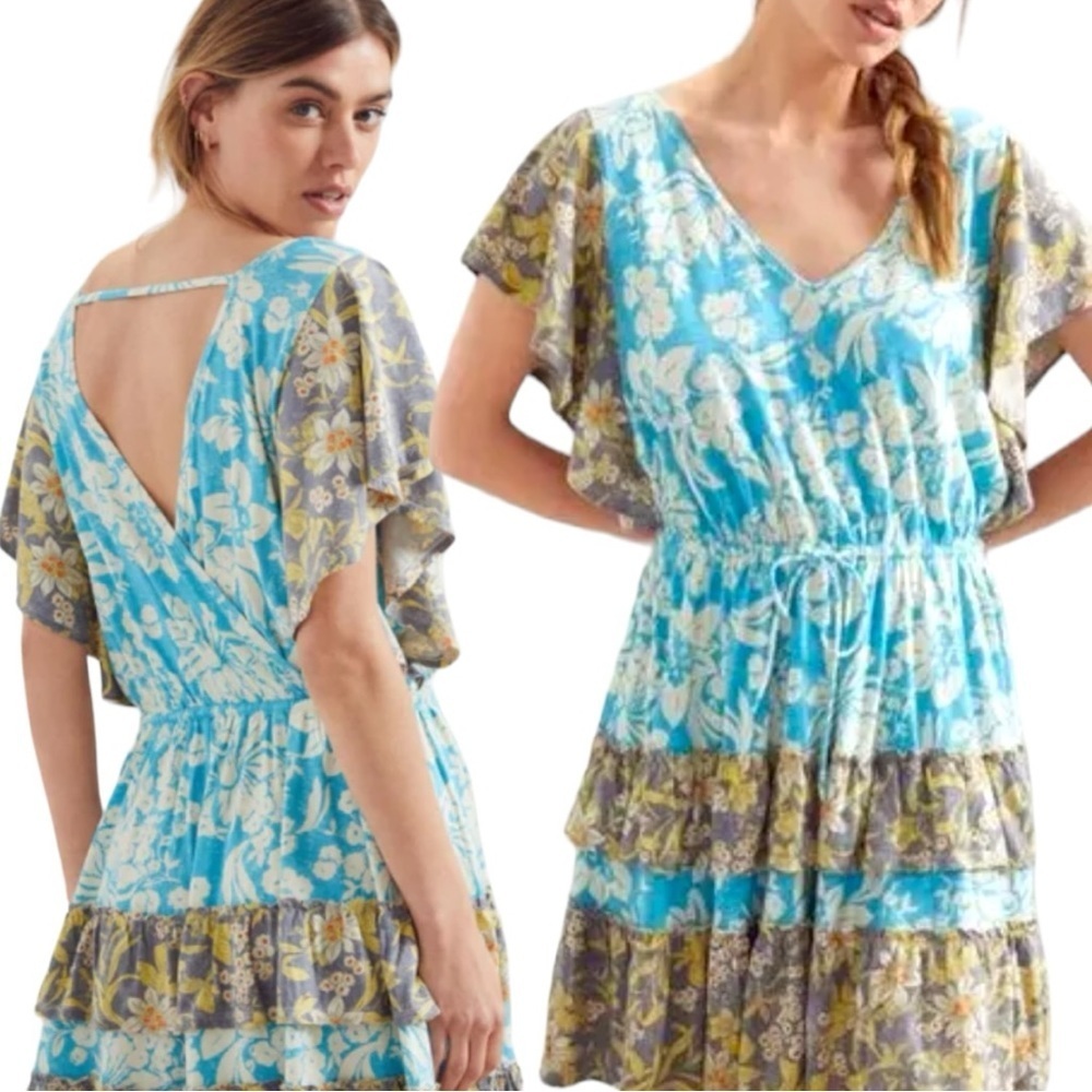 Anthropologie Blue and Yellow Floral Backless Dress - size Medium
